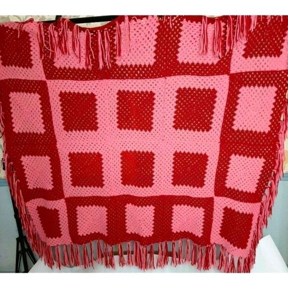 Crochet‎ HandMade  Pink Granny Squares  Burgundy  Throw 55x55 - Picture 2 of 7